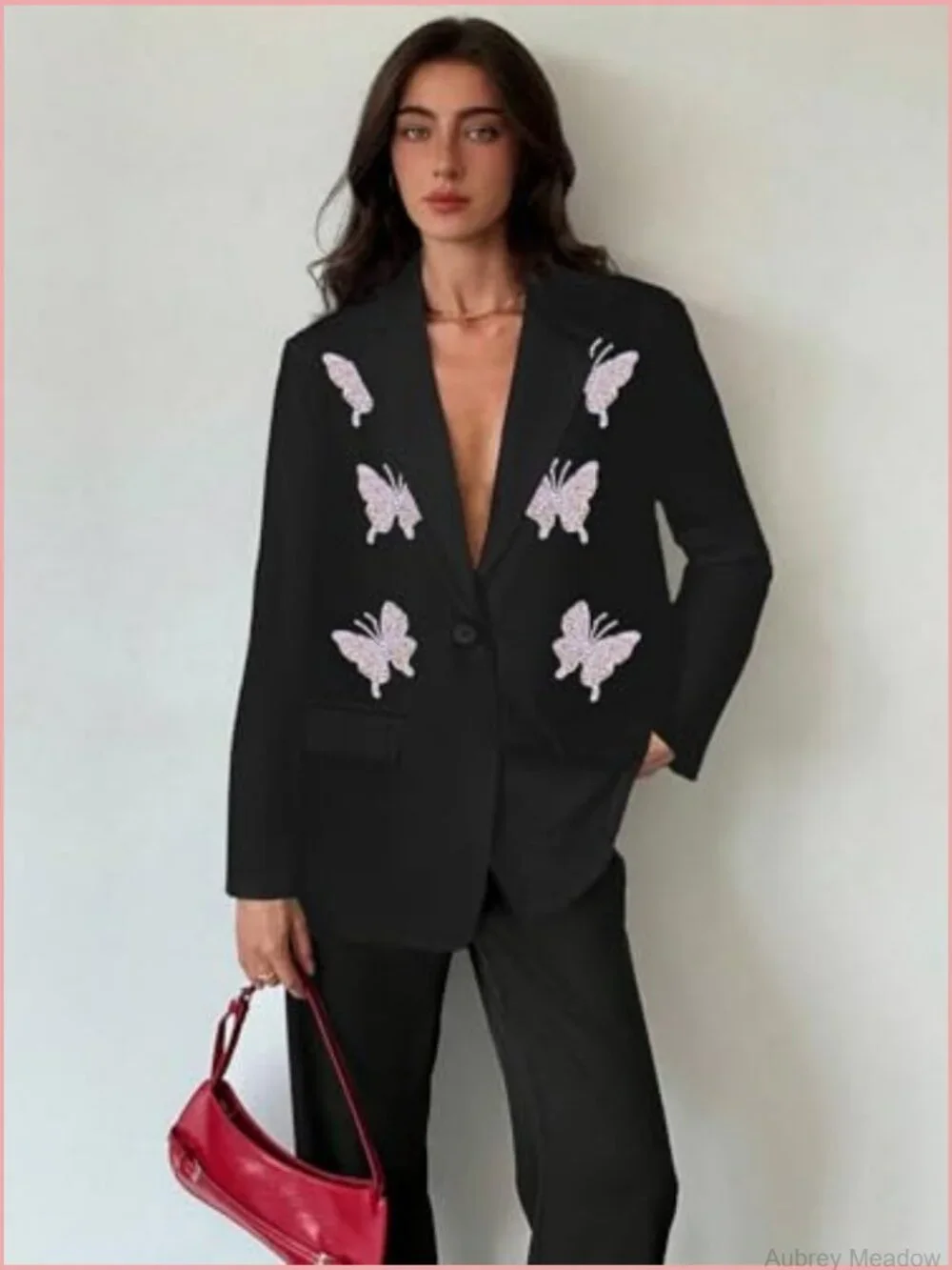 Notched Collar Butterfly Appliques Office Blazer 3/4 Sleeve Business Casual